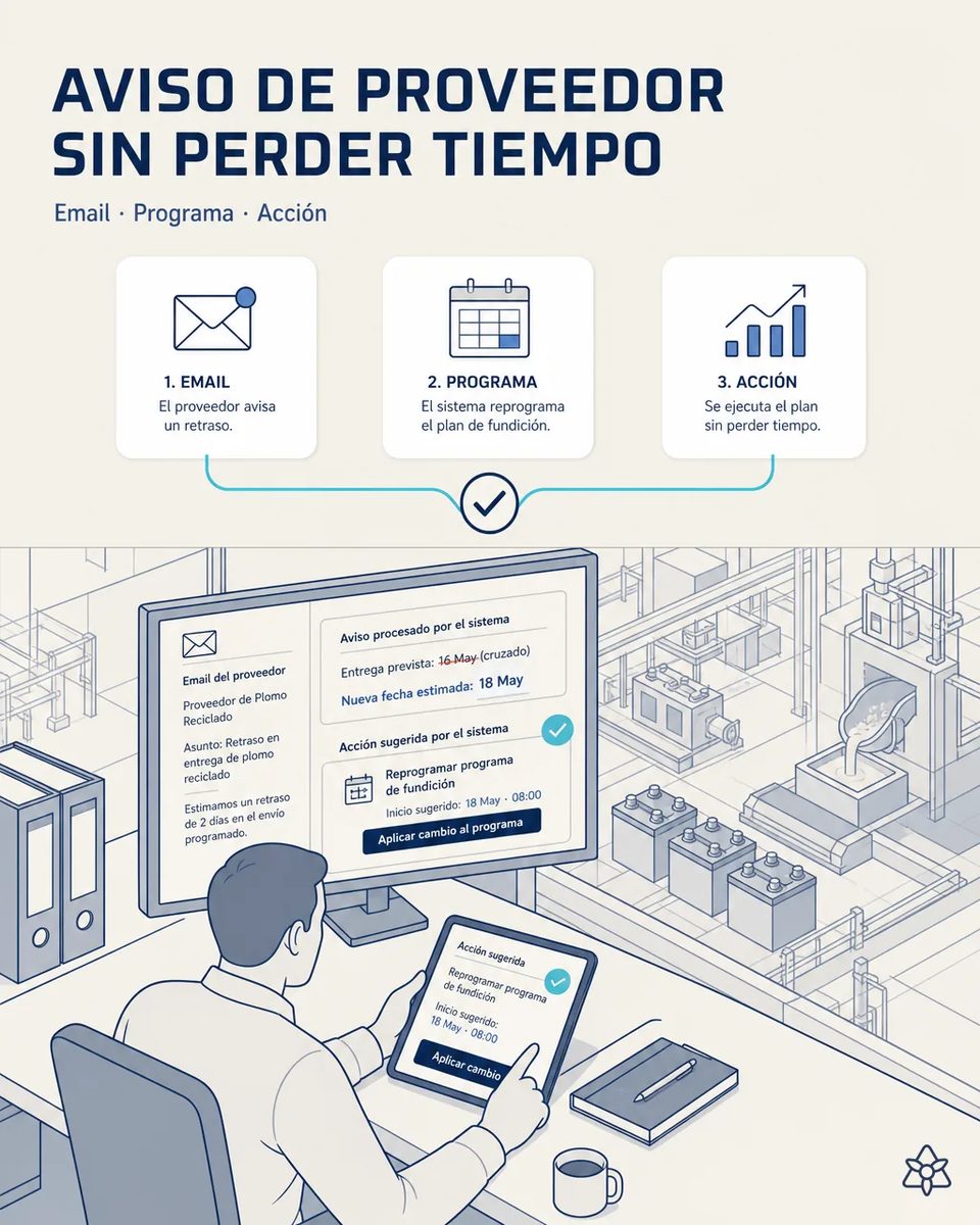 Planificador revisando en pantalla y en tableta el email de un proveedor de plomo reciclado que anuncia un retraso de dos días, con la acción sugerida de reprogramar la fundición