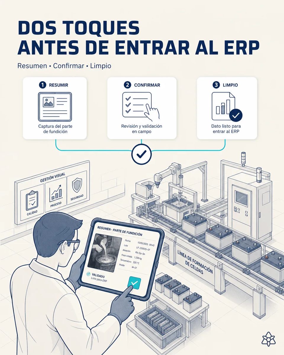 Técnico con gafas y guantes confirmando en una tableta industrial el resumen de un parte de fundición con lote, aleación y temperatura, junto a la línea de formación de celdas