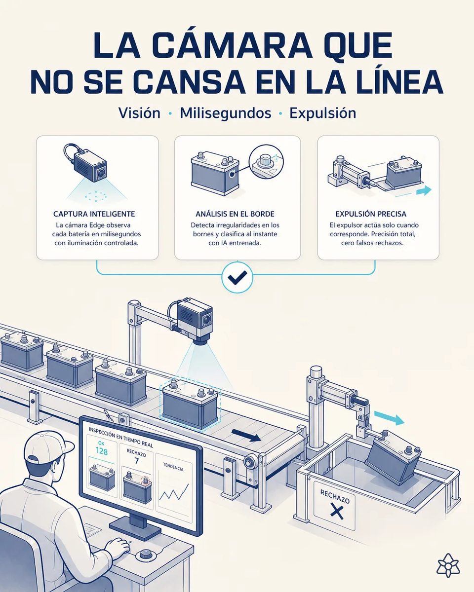 Cámara Edge sobre una cinta de baterías de arranque inspeccionando los bornes, con un expulsor neumático desviando una batería defectuosa al contenedor de rechazo y un operador viendo OK y rechazos en pantalla