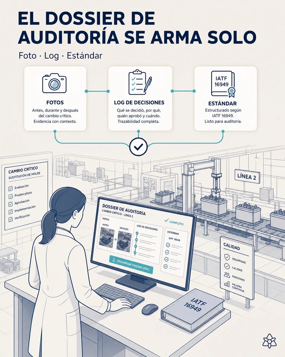 Responsable de calidad revisando en pantalla un dossier de auditoría de un cambio crítico en la línea 2 con fotos antes y después, log de decisiones y checklist IATF 16949 junto a la línea