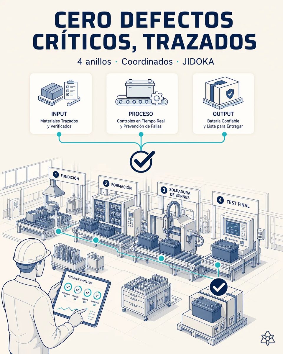 Línea de baterías de arranque con cuatro estaciones numeradas, fundición, formación, soldadura de bornes y test final, unidas hasta un palé terminado, y un técnico revisando en tableta el resumen de los cuatro anillos