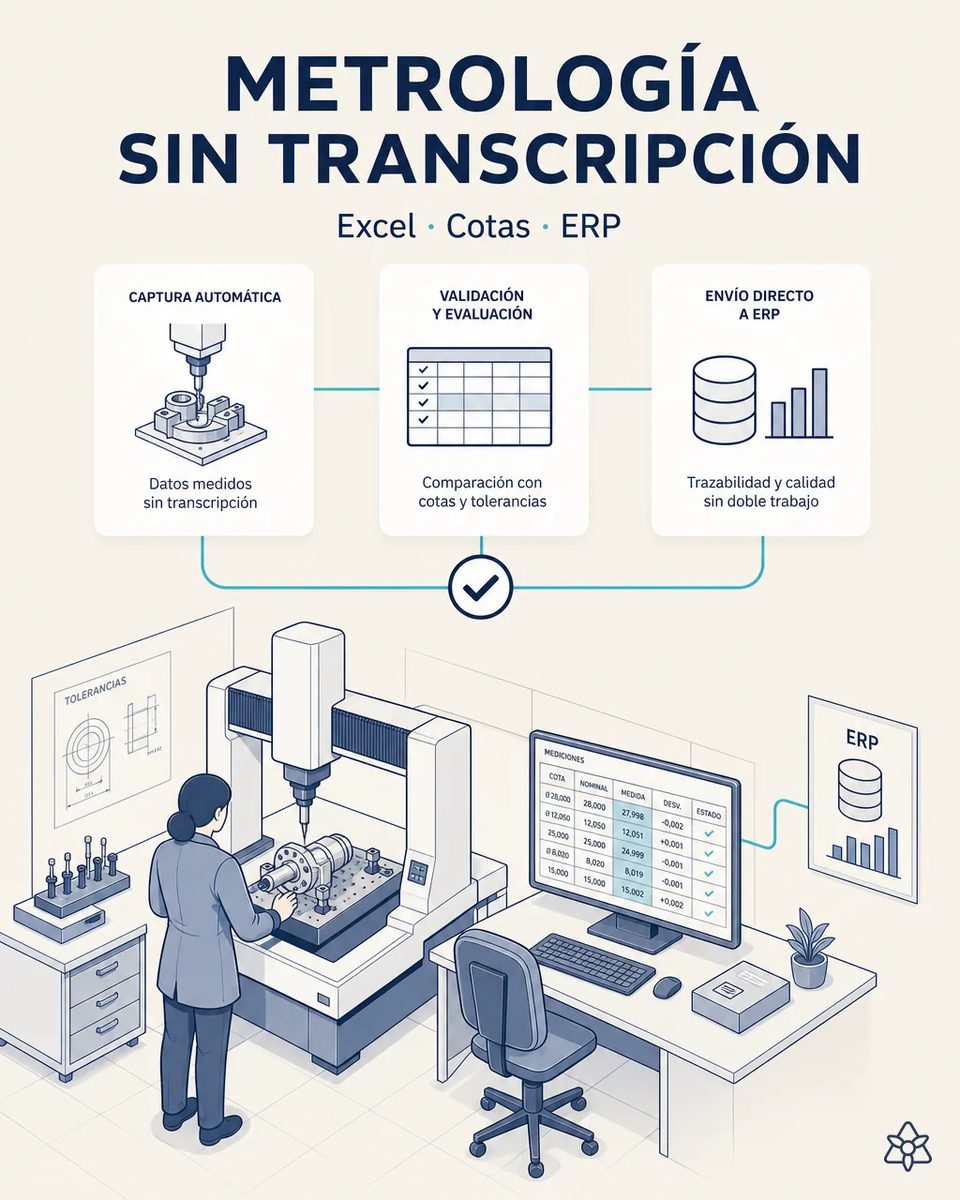 Técnica de metrología midiendo una pieza torneada en una máquina de medición por coordenadas, junto a un monitor con la tabla de cotas nominal, medida y desviación conectada al ERP