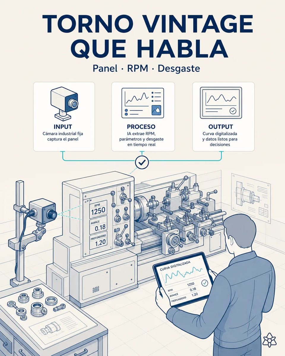 Cámara industrial fija en un soporte apuntando al panel de un torno antiguo con lecturas de RPM, avance y profundidad, mientras un técnico consulta la curva digitalizada en una tableta