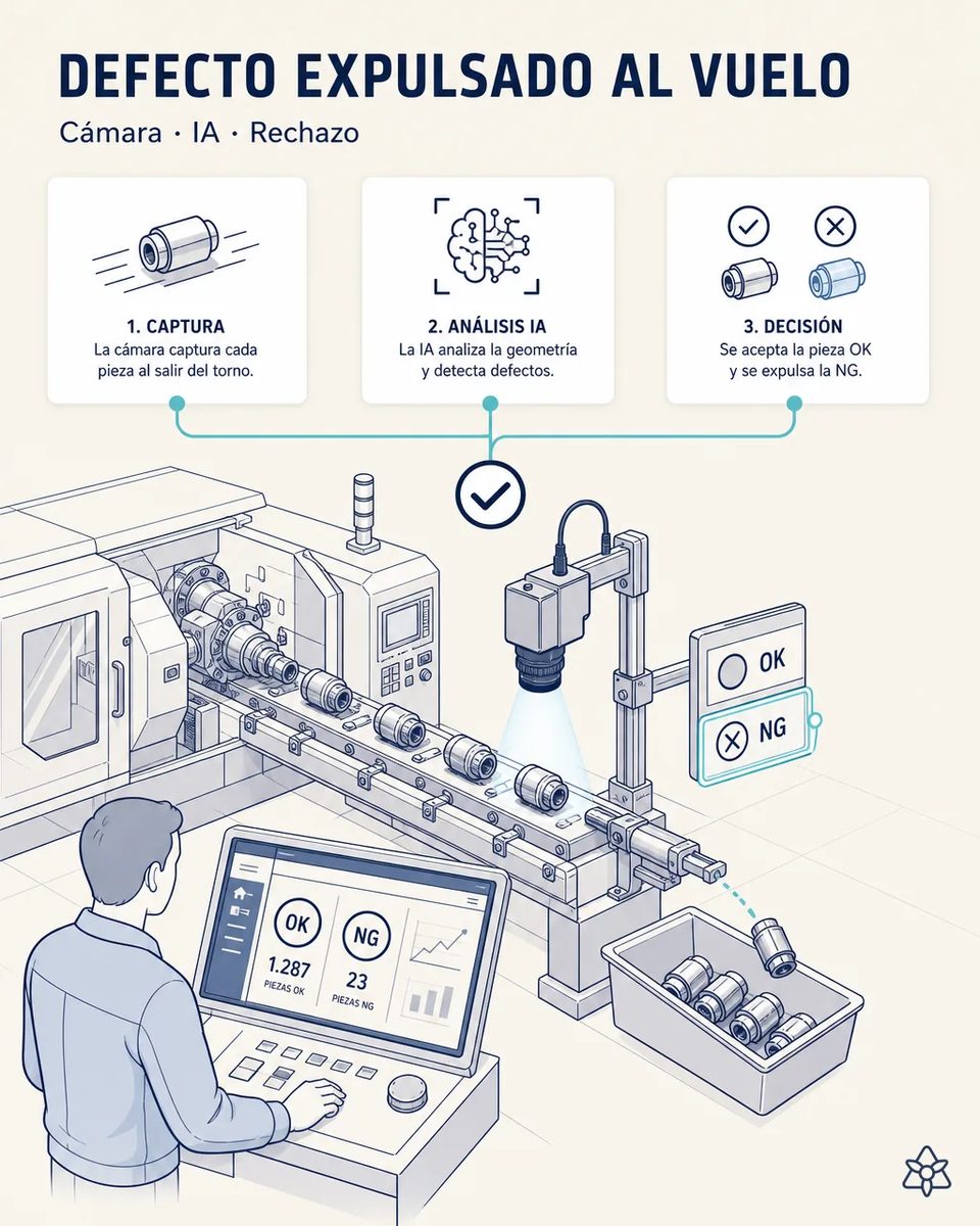 Cámara de visión artificial sobre la rampa de salida de un torno CNC inspeccionando piezas torneadas, con un expulsor que desvía una pieza no conforme a un contenedor y un monitor con el conteo OK y NG