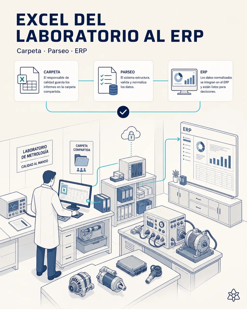 Técnico de laboratorio de metrología guardando una hoja Excel en una carpeta compartida, con un banco de ensayo de motor eléctrico, un alternador, un motor de arranque y una ECU sobre la mesa y el ERP en pantalla