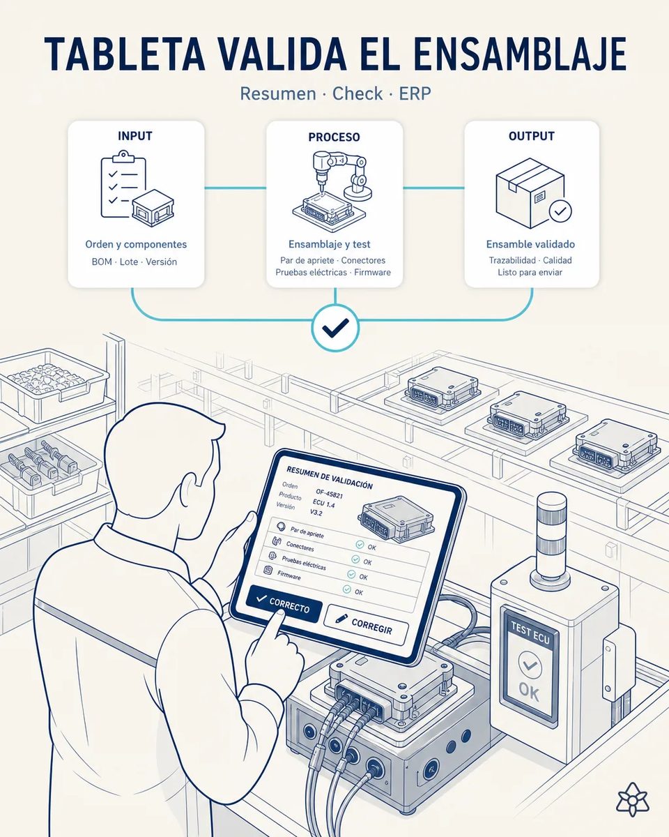 Técnico confirmando en una tableta el resumen de validación de una ECU con par de apriete, conectores, pruebas eléctricas y firmware en verde, junto a la estación de test que marca OK