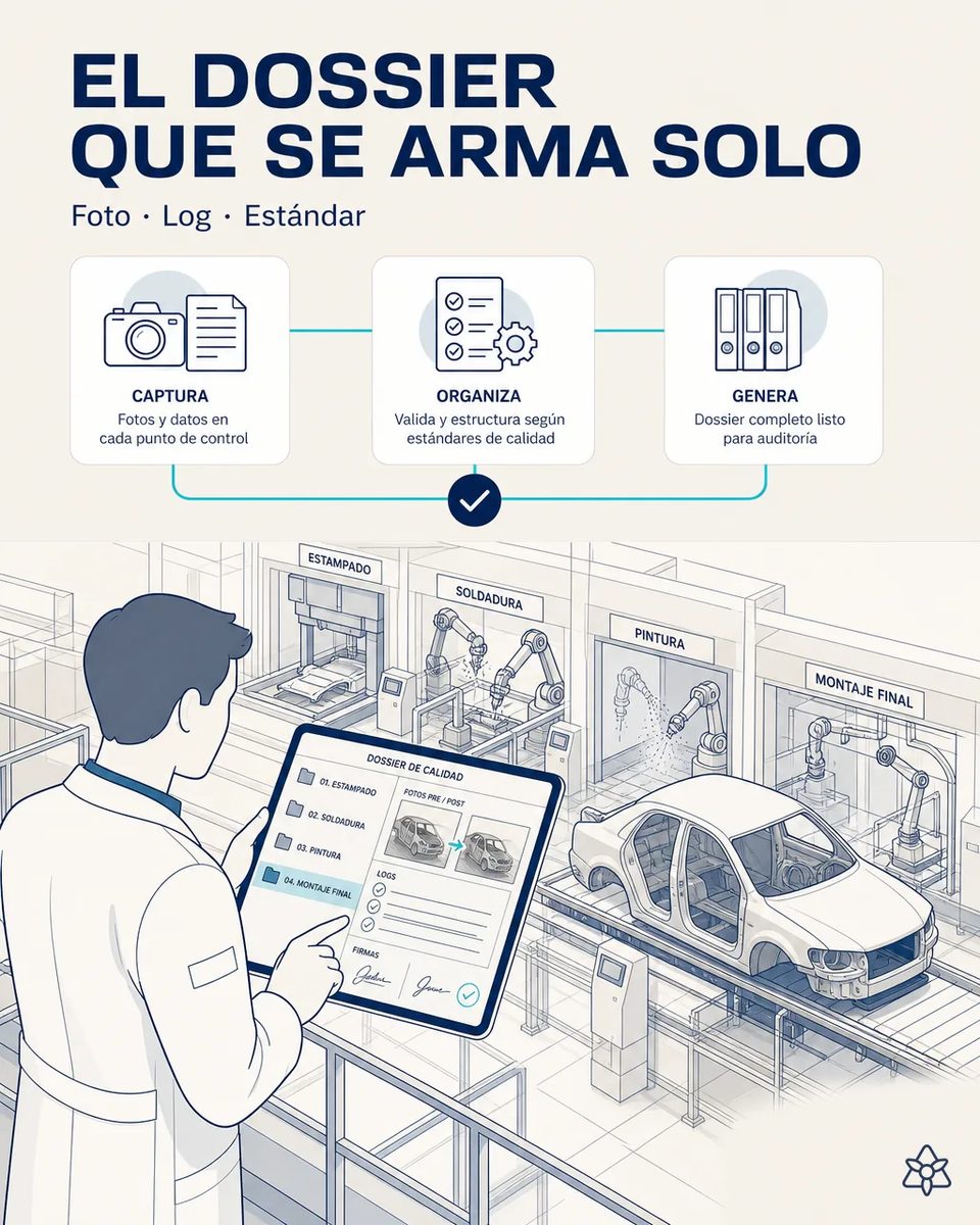 Ingeniero de calidad con bata revisa en una tableta un dossier con carpetas de estampado, soldadura, pintura y montaje final, fotos antes y después, registros y firmas, frente a la línea de carrocerías