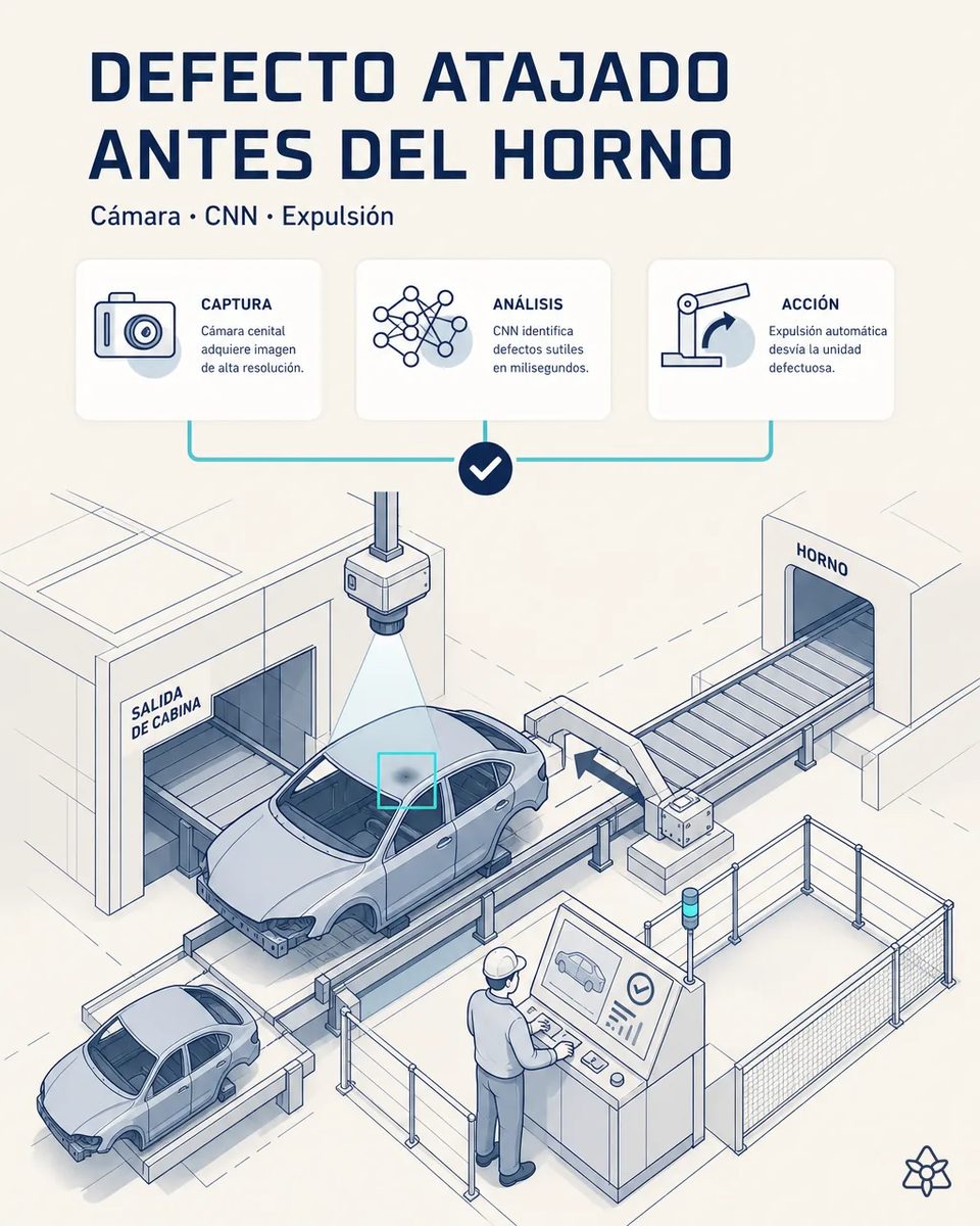 Cámara cenital sobre una carrocería pintada a la salida de cabina con un defecto marcado en el techo; un desvío aparta la unidad antes del horno y un operario revisa el pupitre