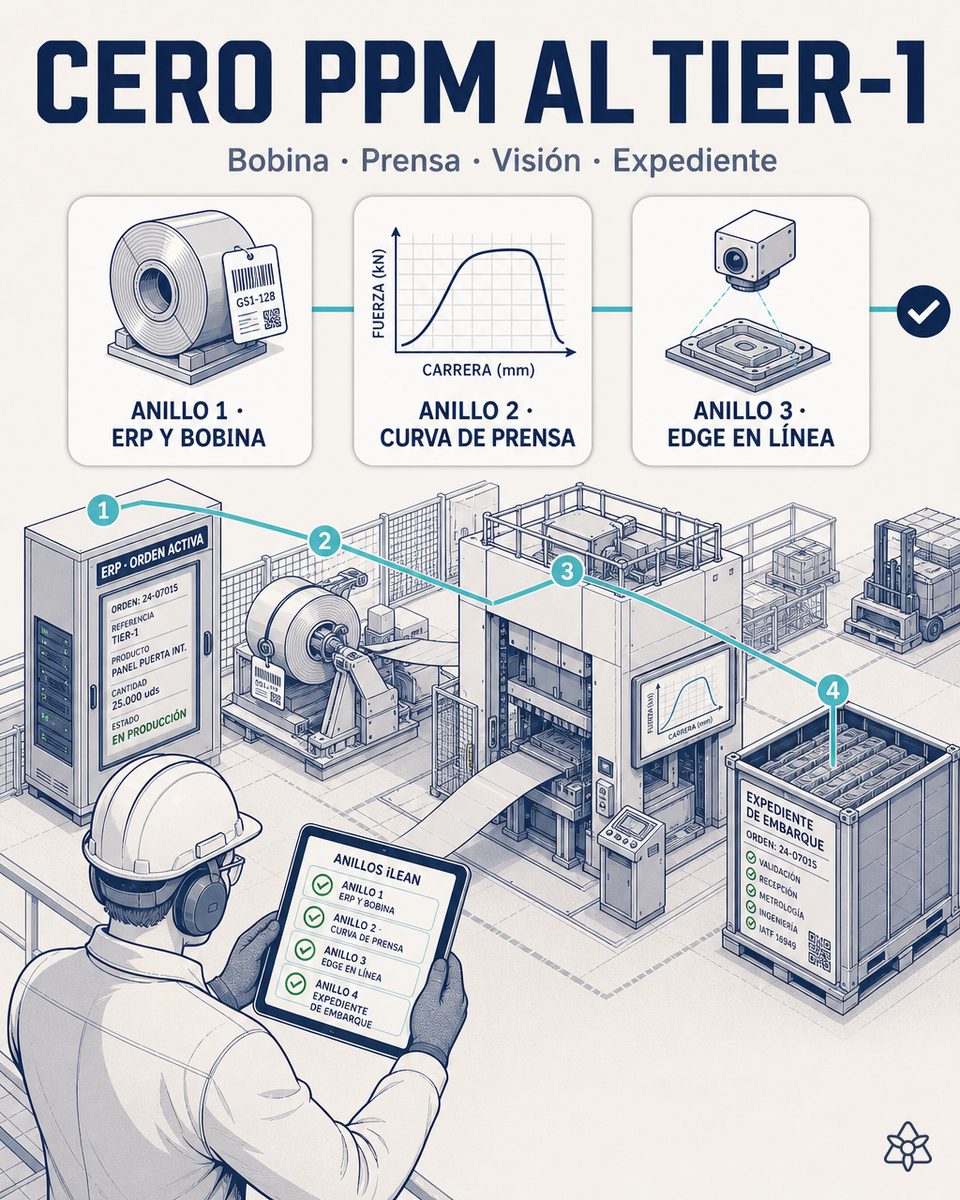 Estampadora automotriz Tier-2 con cuatro puntos de verificación coordinados — ERP definiendo la orden de fabricación activa con número de parte, lote y bobina montada cruzada contra el mill certificate, cámara sobre el HMI leyendo la curva de prensa con fuerza pico y golpes/min en tiempo real, visión Edge cenital y lateral que inspecciona pieza a pieza y valida el cambio de troquel con JIDOKA AI, y evidence pack IATF por lote con first-off, last-off y CMM firmado por el técnico de calidad — sistema iLEAN de 4 anillos para cero PPM al Tier-1