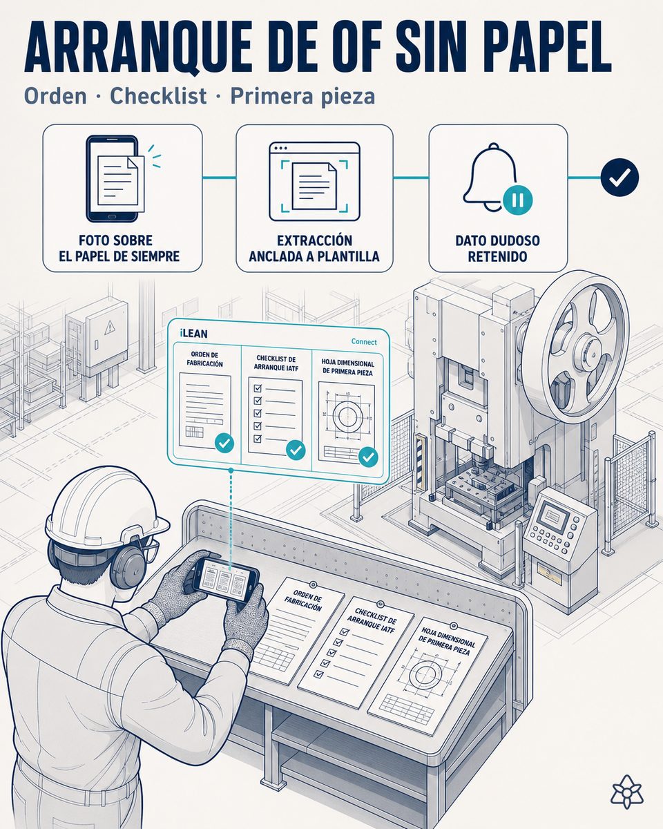 Operario de prensa de una planta Tier-2 de estampación automotriz fotografiando con el móvil la Orden de Producción, la checklist de arranque IATF y la hoja del first-off dimensional — Connect las digitaliza en el sistema central en el segundo cero