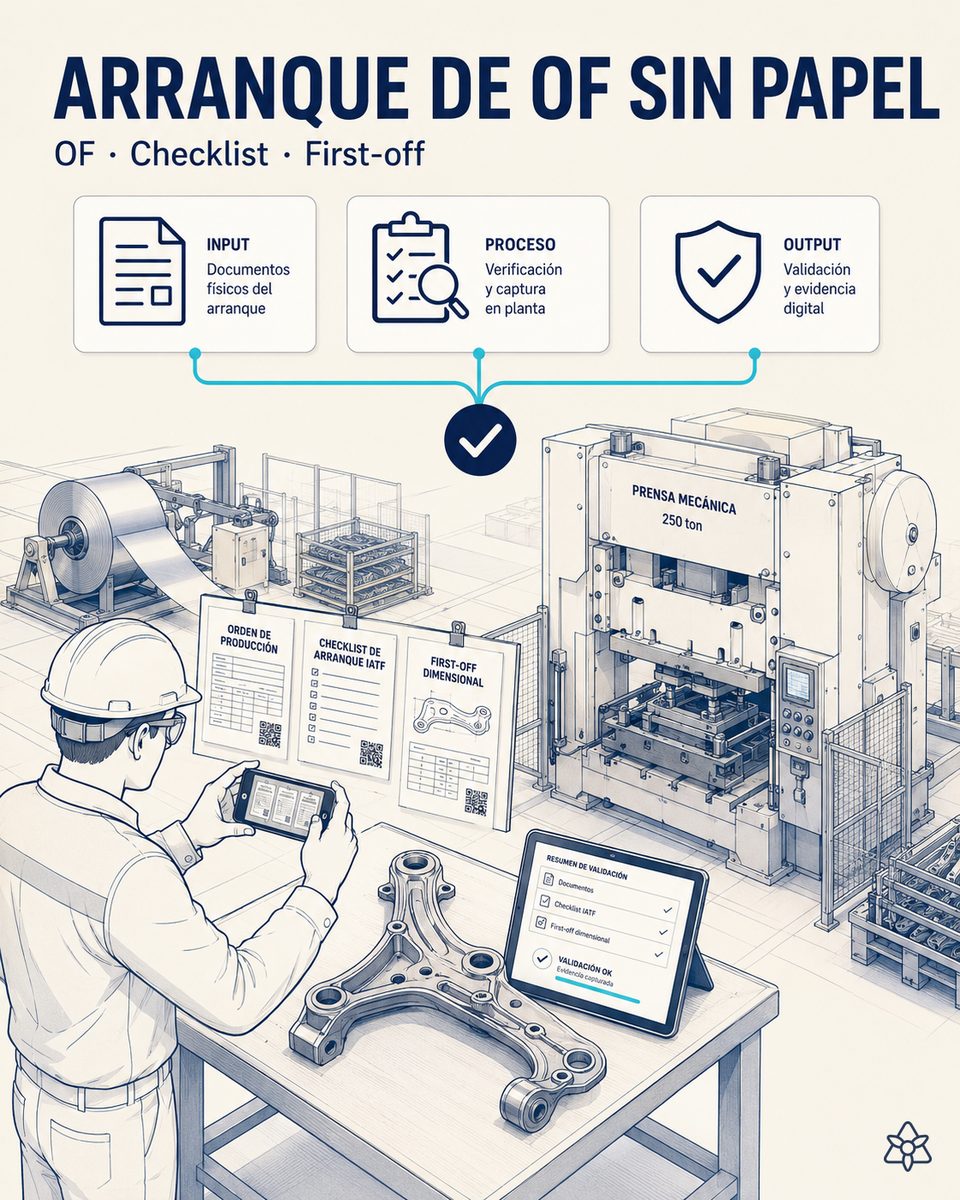 Operario de prensa de una planta Tier-2 de estampación automotriz fotografiando con el móvil la Orden de Producción, la checklist de arranque IATF y la hoja del first-off dimensional — Connect las digitaliza en el sistema central en el segundo cero
