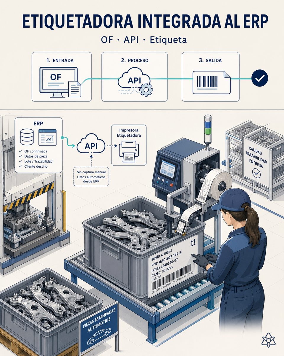 Etiquetadora industrial imprimiendo la etiqueta de embarque GS1-128 de un contenedor de piezas estampadas hacia un Tier-1, cosida al ERP mediante iLEAN Connect con número de parte, lote y cantidad publicados desde la OF activa sin tecleo intermedio