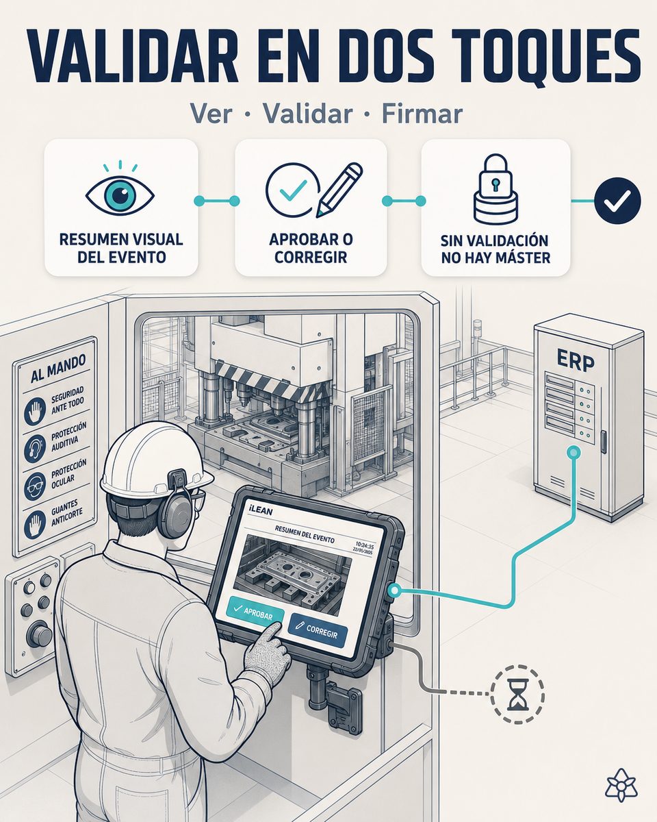 Operario de una estampadora automotriz Tier-2 validando con dos toques —check para validar, lápiz para corregir— en la tableta industrial en cabina de prensa el resumen visual capturado por iLEAN Connect antes de que el dato entre al ERP y al histórico IATF