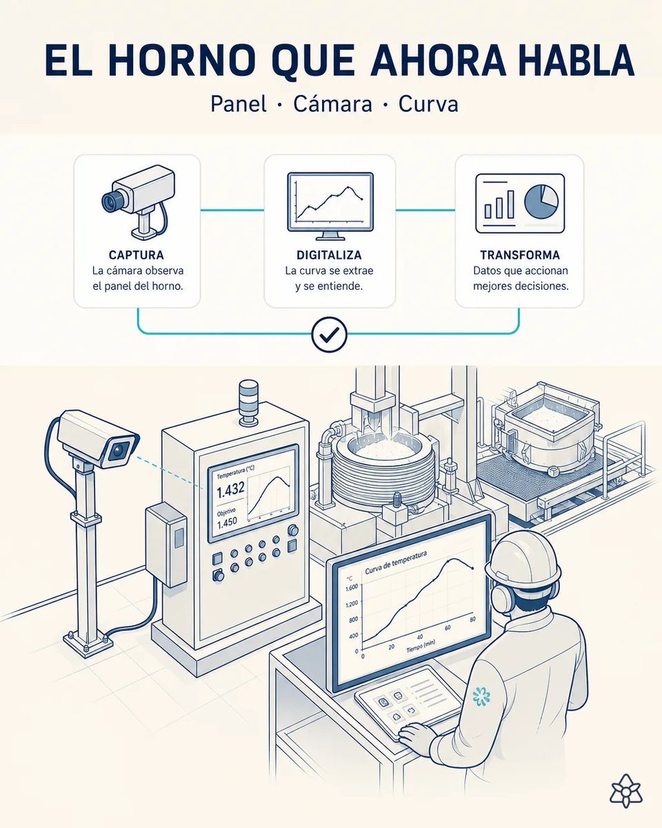 Cámara industrial sobre pedestal apuntando al panel de temperatura de un horno de inducción, mientras un técnico observa en pantalla la curva de temperatura de la colada