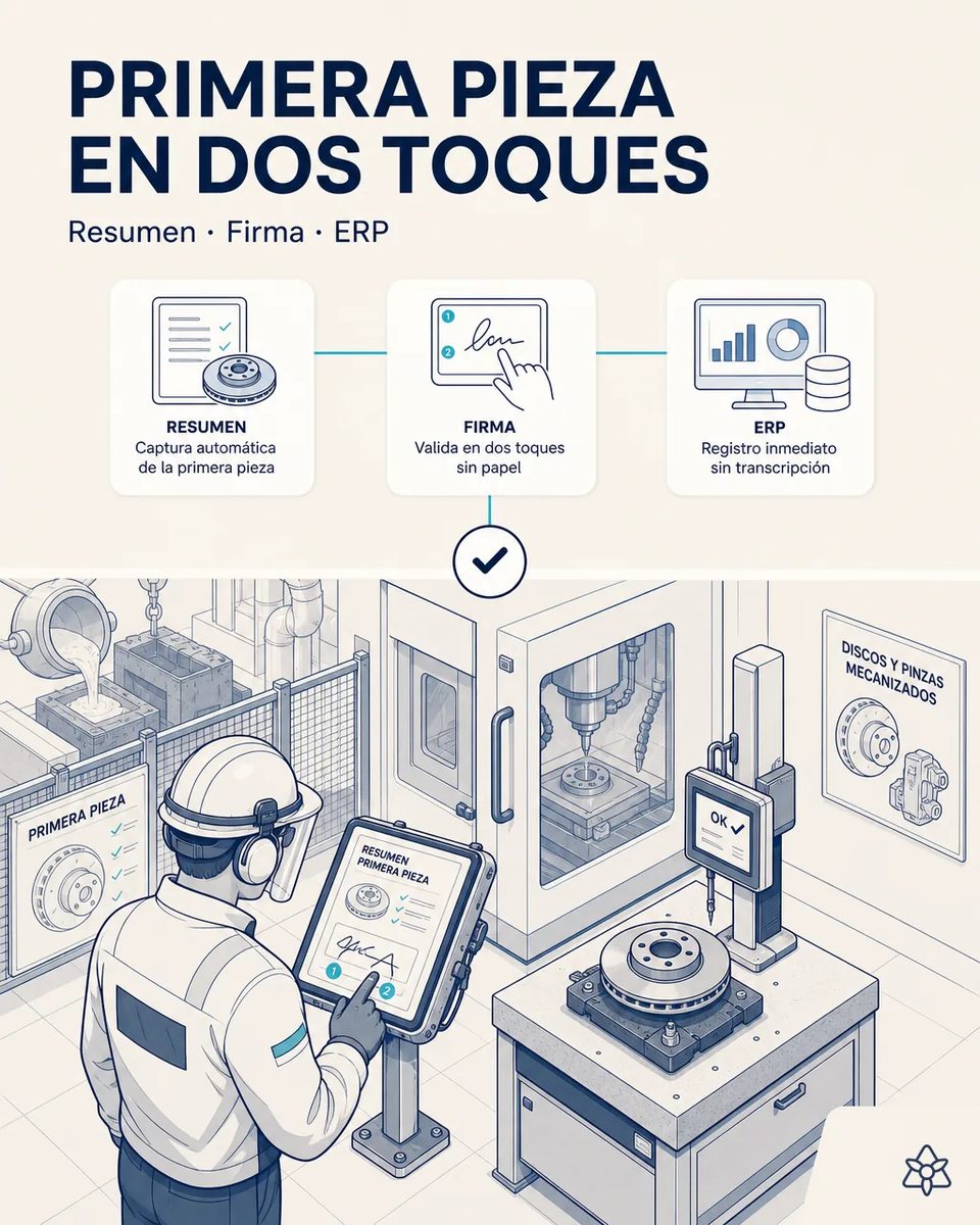Operario con pantalla facial validando en una tableta industrial el resumen de primera pieza junto a un disco de freno en el banco de medición y un centro de mecanizado