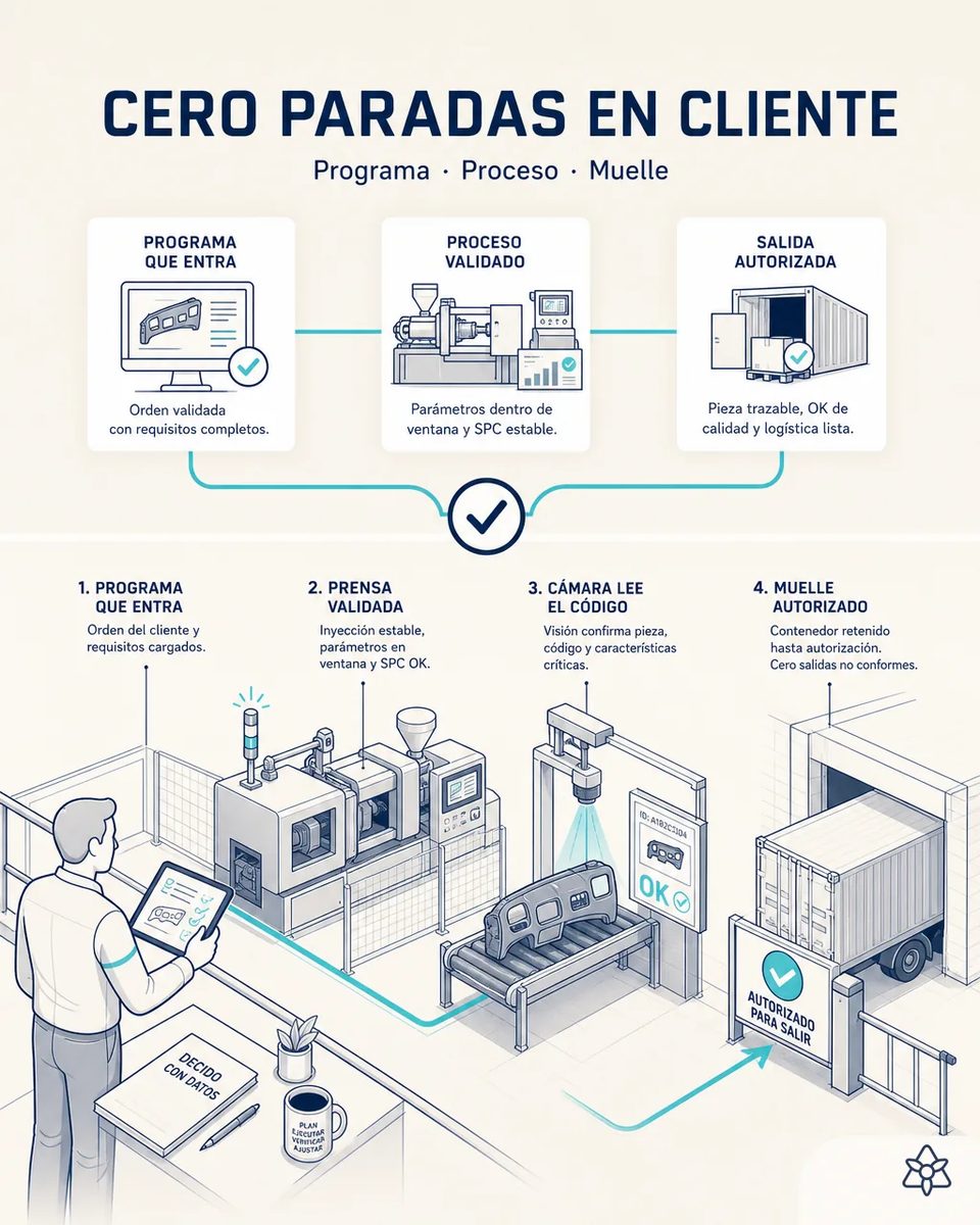 Los cuatro anillos en una nave de interiores: orden validada en tableta, prensa con parámetros en ventana, cámara leyendo el código de un panel de instrumentos y contenedor retenido en el muelle hasta la autorización