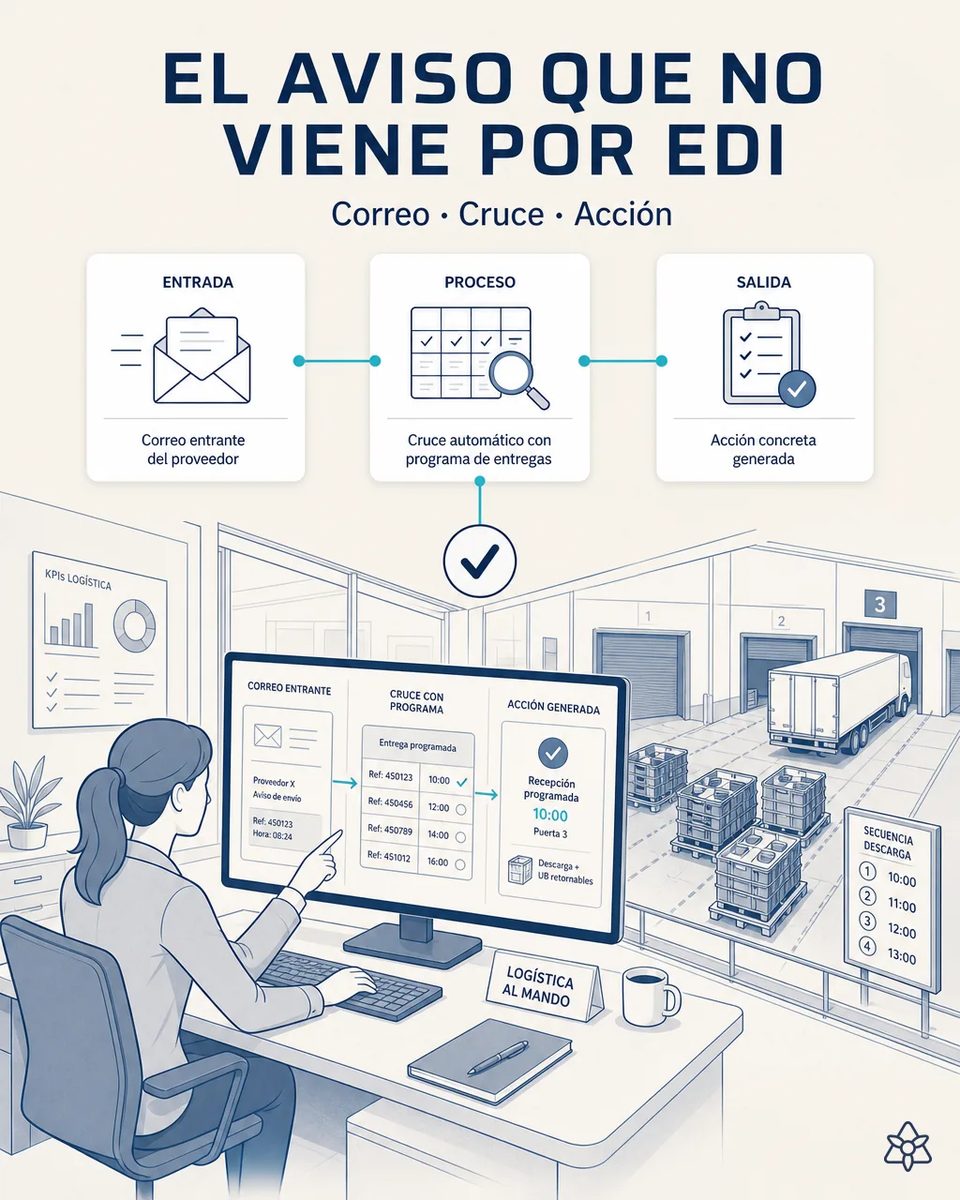 Planificadora de logística ante una pantalla que cruza un correo entrante del proveedor con el programa de entregas y genera la acción de recepción, con contenedores y un camión en el muelle al fondo