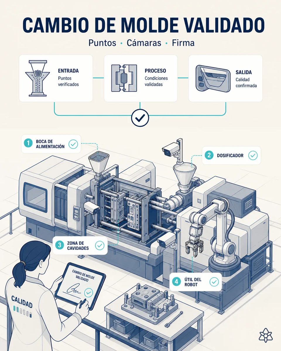 Prensa de inyección durante un cambio de molde con cuatro puntos verificados por cámara: boca de alimentación, dosificador, zona de cavidades y útil del robot, y una técnica de calidad firmando en la tableta