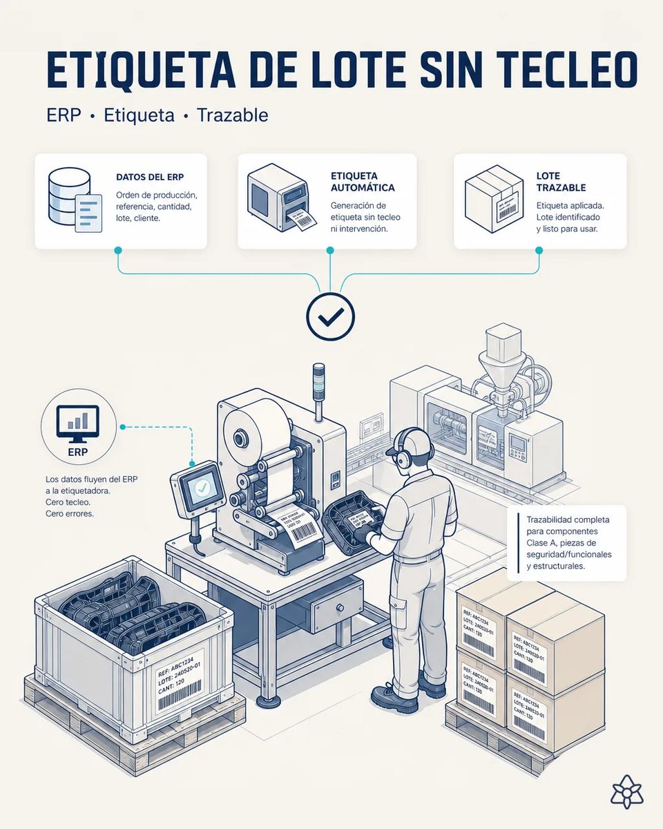 Operario en el puesto de etiquetado tomando una etiqueta con código de barras de una etiquetadora automática conectada al ERP, junto a un contenedor de piezas inyectadas y cajas ya rotuladas con referencia y lote