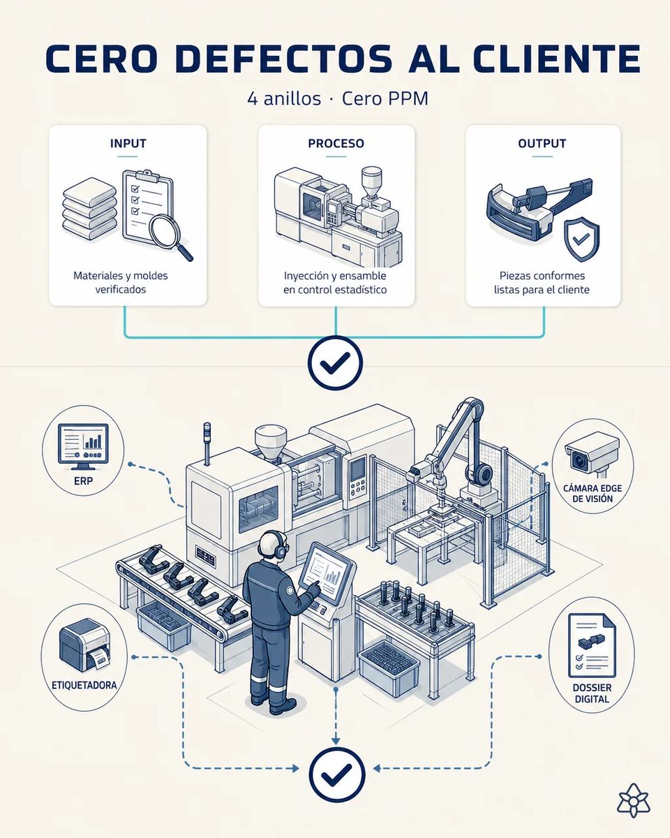 Vista completa de una celda de inyección con prensa, robot de extracción y puesto de control con tableta, conectada por líneas con los cuatro anillos del sistema: ERP, etiquetadora, cámara Edge de visión y dossier digital