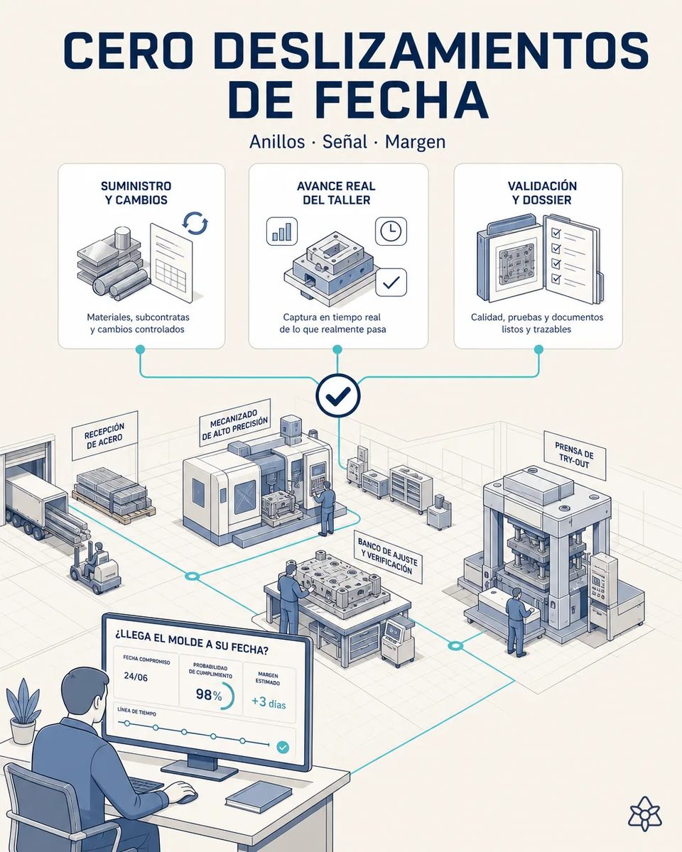 Vista del taller de moldes con recepción de acero, mecanizado de alta precisión, banco de ajuste y prensa de try-out unidos por líneas hasta una pantalla que responde si el molde llega a su fecha y con qué margen