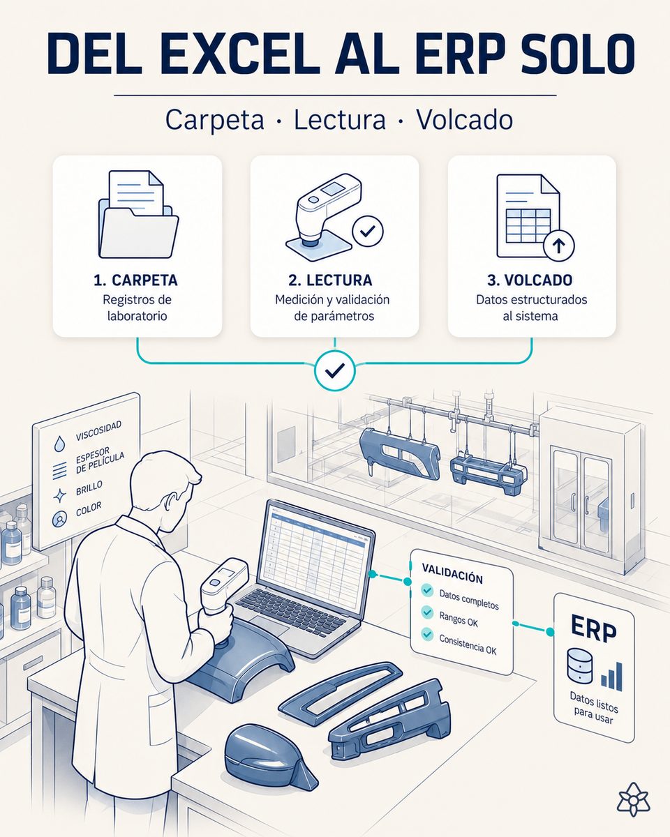 Técnico del laboratorio de pintura de un paintshop automotriz registrando espesores y viscosidad en su Excel de siempre, mientras iLEAN Connect lo parsea al guardarse y lo vuelca al ERP tras validación