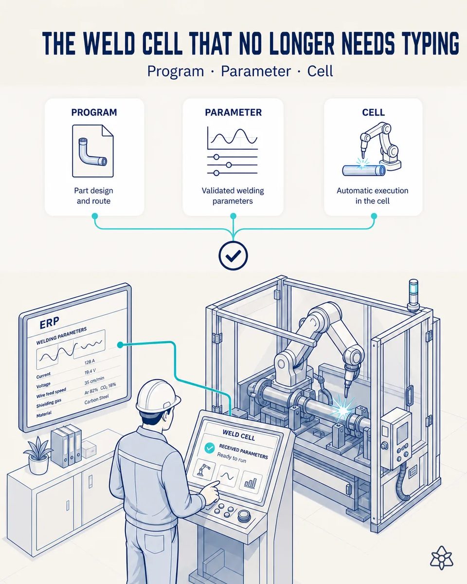 Illustration of an operator at a weld cell console showing received parameters ready to run, with an ERP screen listing current, voltage, wire feed speed and shielding gas beside a robotic cell welding a tube
