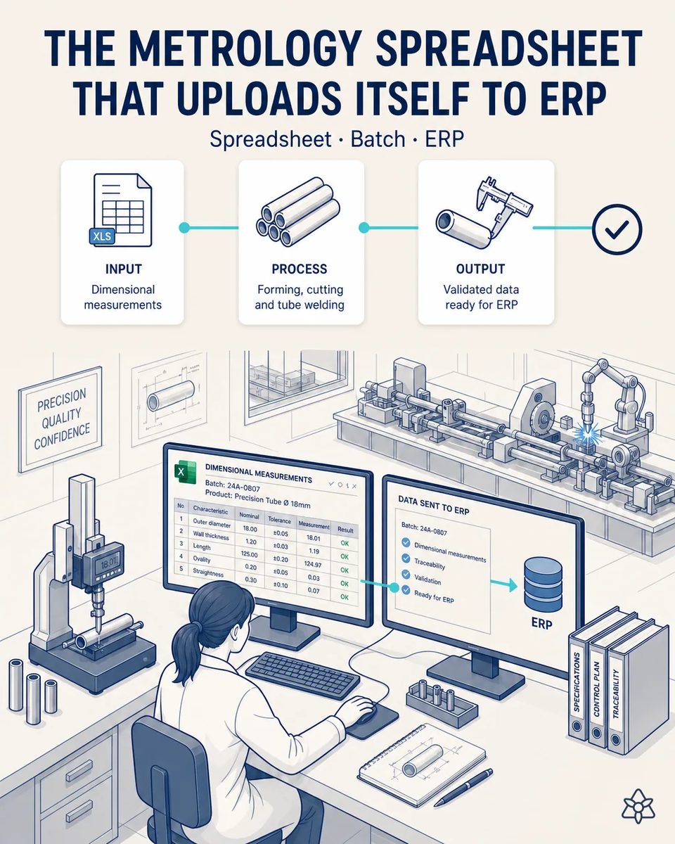 Illustration of a metrology technician with a height gauge measuring a tube, a spreadsheet of outside diameter, wall thickness, length, ovality and straightness, and a second screen sending data to the ERP
