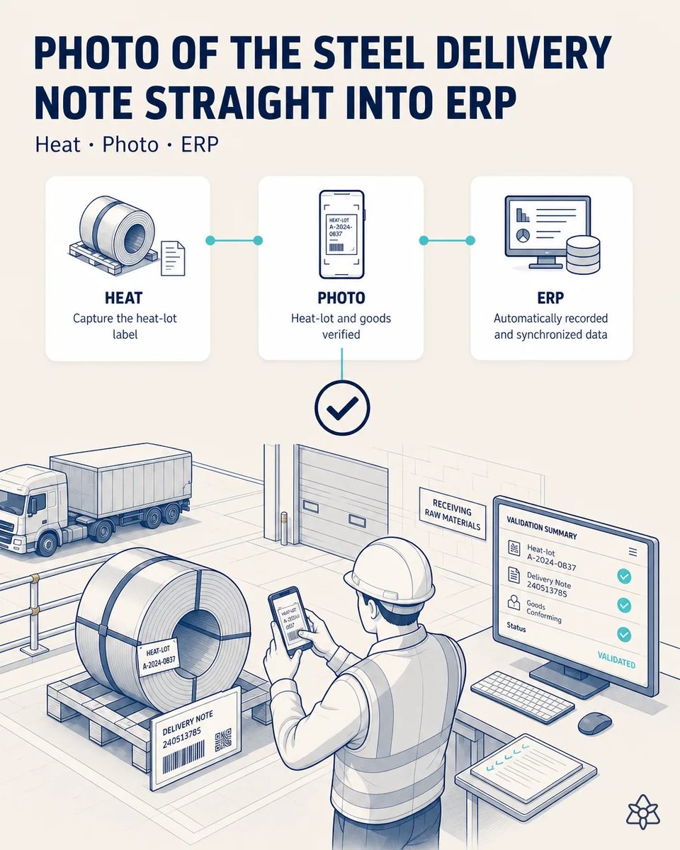 Illustration of a receiving lead photographing the heat-lot label on a strapped steel coil at the raw materials dock, with the truck behind and a validated summary on screen