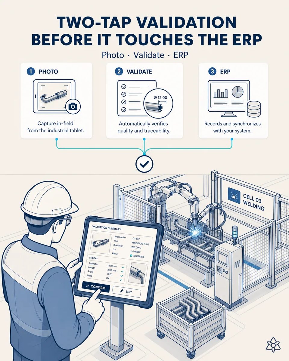 Illustration of an inspector confirming a validation summary with diameter, length, angle and weld checks on an industrial tablet in front of robotic weld cell 03 and a bin of bent tubes