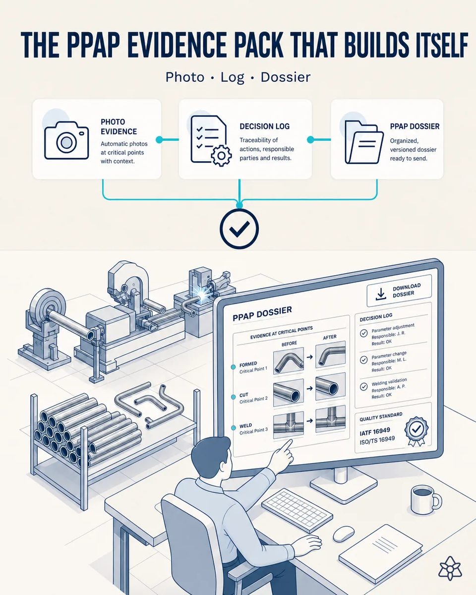 Illustration of a quality engineer reviewing a PPAP dossier on screen with before and after photos of formed, cut and welded tube, a decision log and an IATF 16949 seal