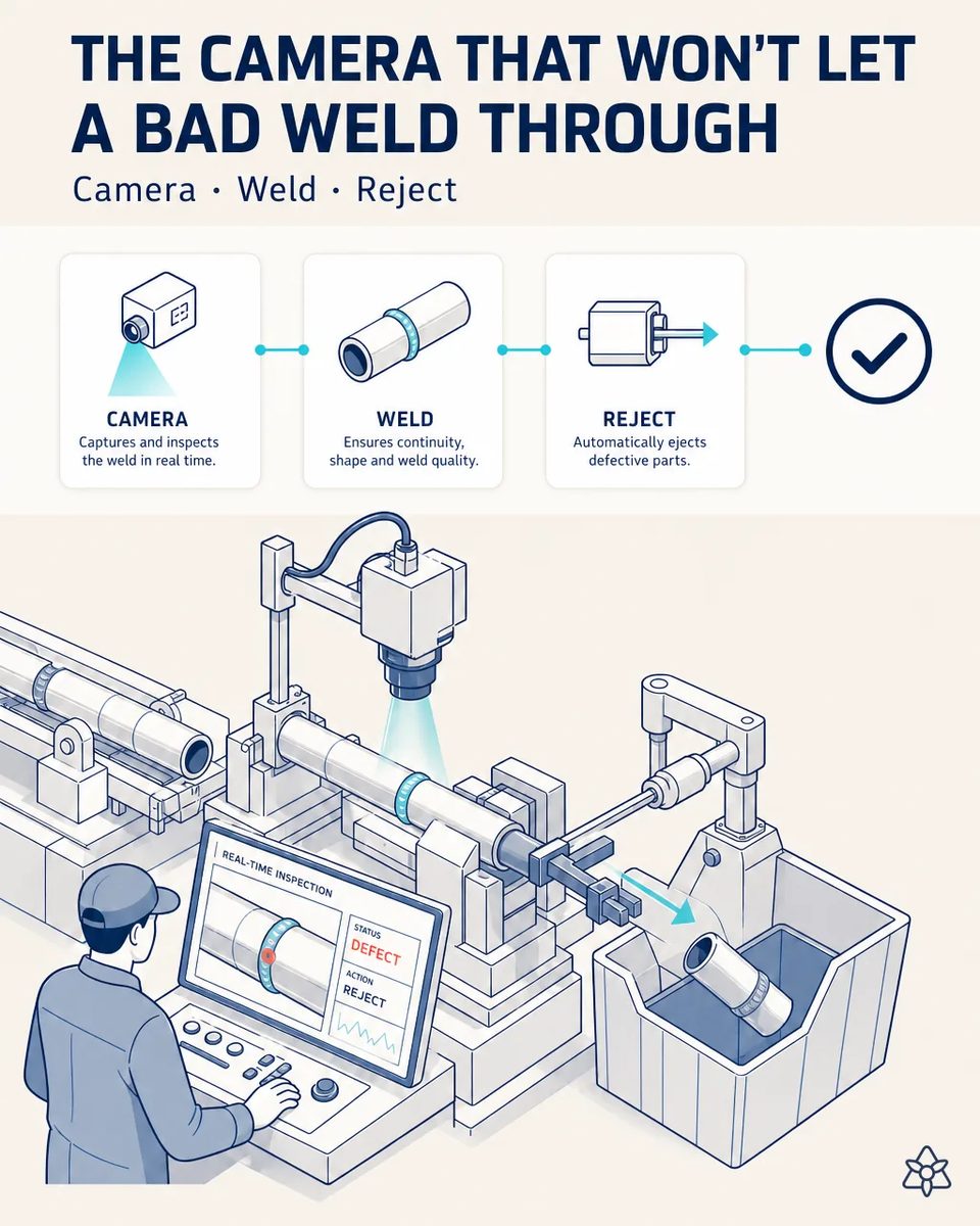 Illustration of an Edge camera above a tube line inspecting the weld band, with an operator's screen flagging a defect and a pusher ejecting the rejected tube into a bin