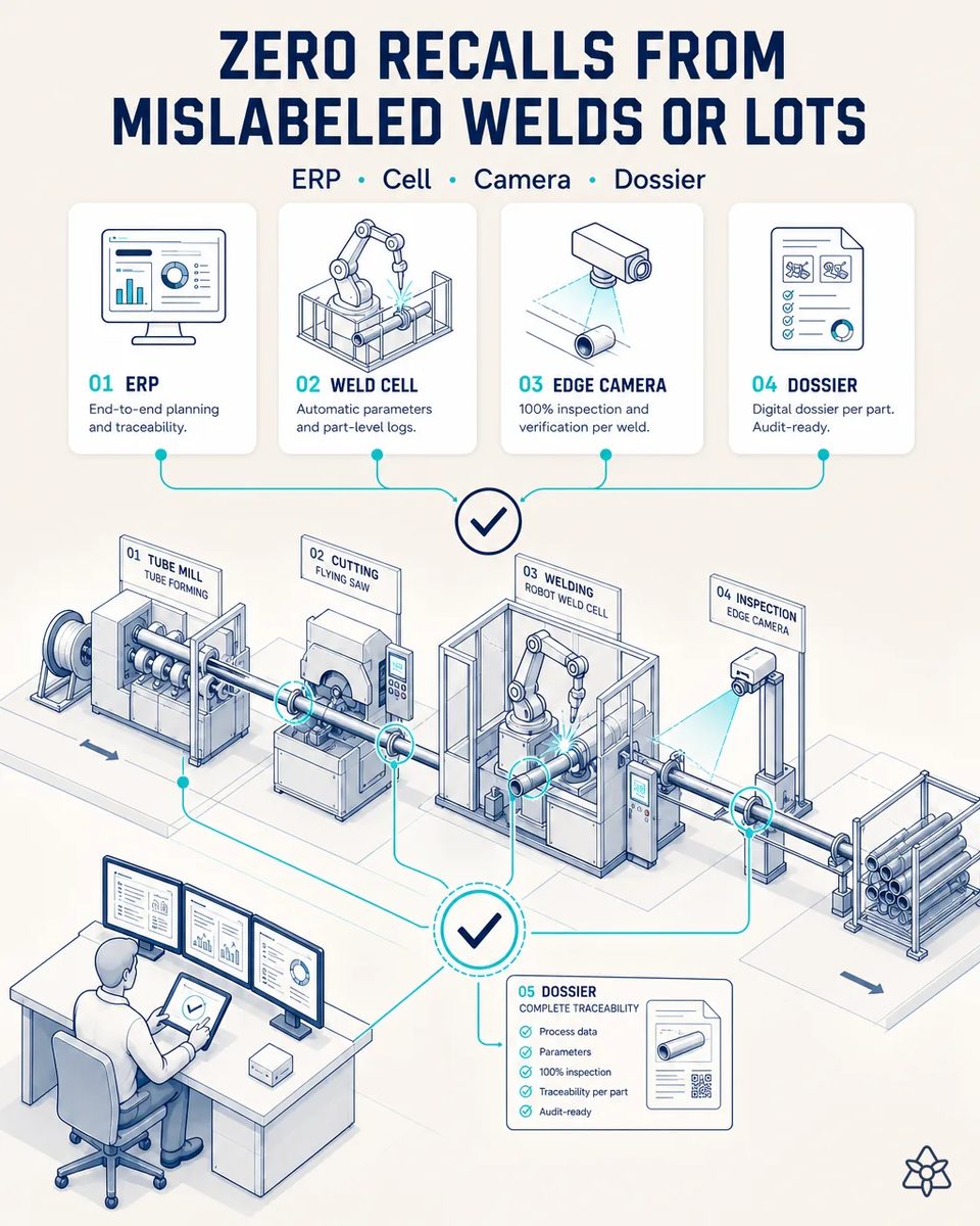 Illustration of a precision tube line from tube mill and flying saw to robotic weld cell and Edge inspection camera, each linked to ERP, cell, camera and dossier rings, with a planner at the control desk