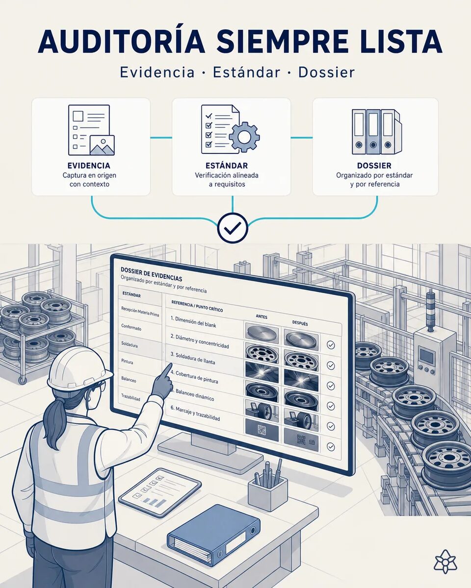 Responsable de calidad de una planta de ruedas revisando en pantalla el dossier de evidencias de un período, con registros de primera pieza, planes de control y calibraciones indexados por referencia