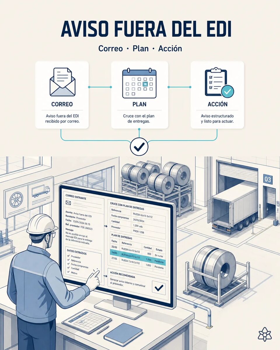 Planificador de una planta de ruedas revisando en pantalla el programa secuenciado junto a un aviso de retraso de bobina recibido por correo, con la nave de prensas al fondo