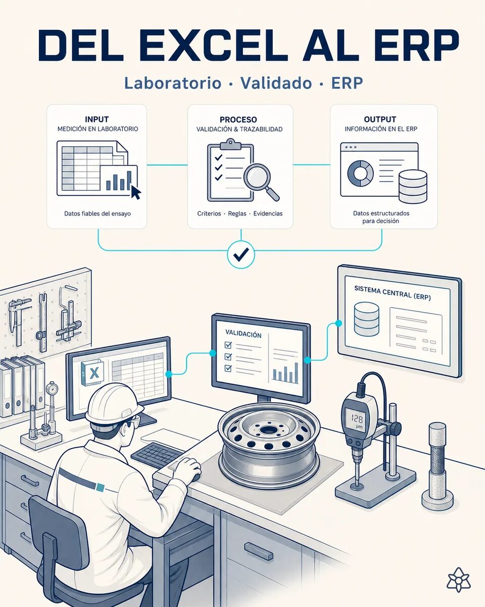 Técnico de laboratorio de una planta de ruedas registrando espesor de capa de cataforesis y runout en una hoja de cálculo, junto al banco de ensayo de fatiga radial