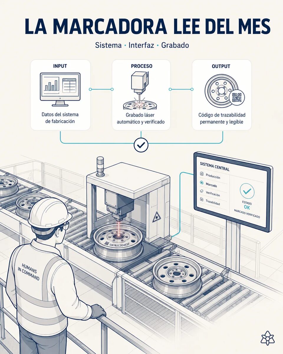 Marcadora láser grabando el código de trazabilidad en el disco de una rueda de acero, con el panel de la máquina y la pantalla del sistema de fabricación en el mismo puesto