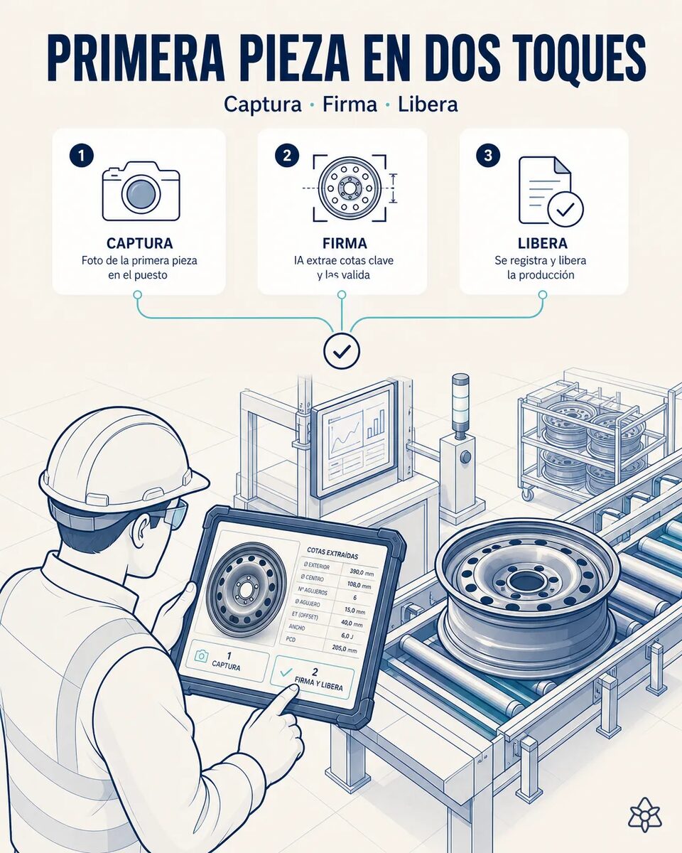 Responsable de calidad validando en una tableta industrial a pie de prensa el resumen de cotas y la foto de la primera pieza de un disco de rueda, con las desviaciones resaltadas en pantalla
