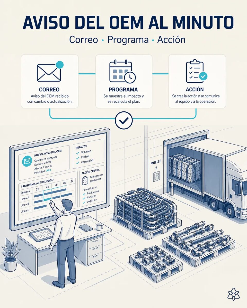 Planificador de un Tier-1 de líneas de fluido revisando el programa de embarques junto a un aviso de contención recibido por correo del cliente