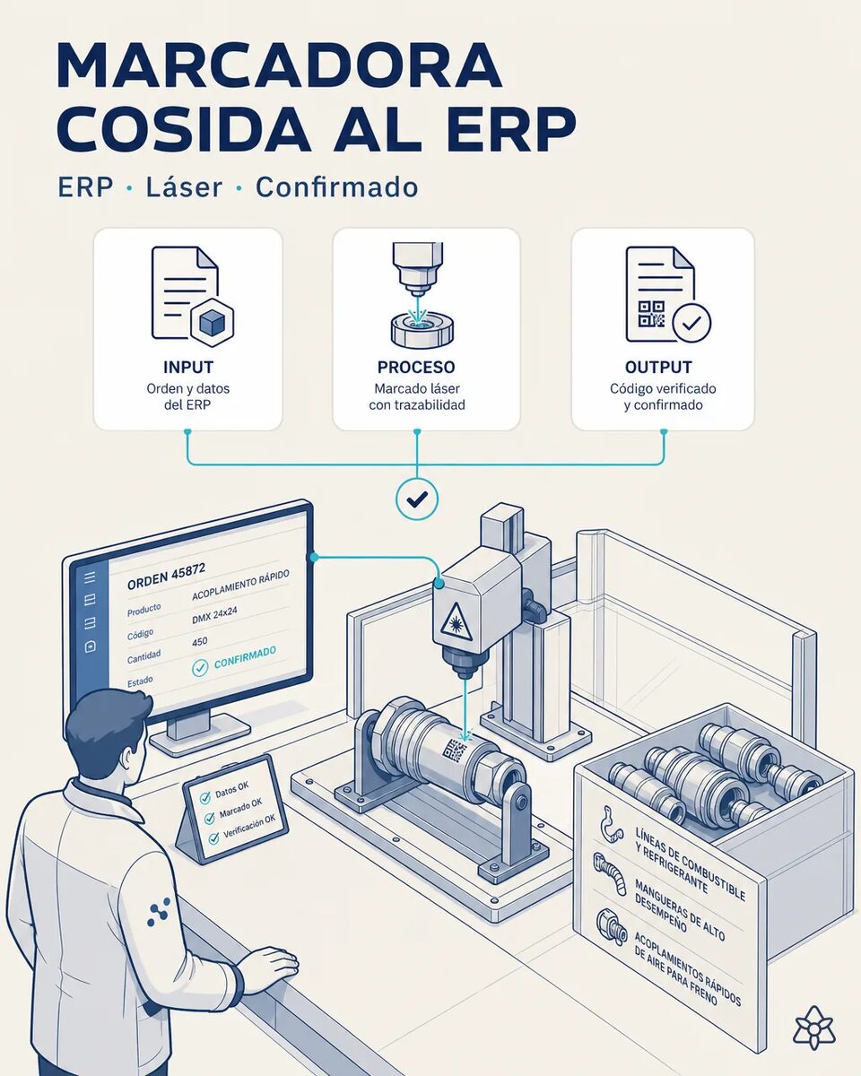 Marcadora láser grabando el código DataMatrix de trazabilidad en un acoplamiento de línea de fluido, con el panel de la máquina y la pantalla del ERP al lado