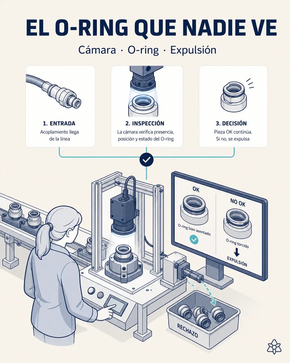 Cámara de visión artificial inspeccionando el asentamiento del o-ring en el alojamiento de un acoplamiento rápido en la estación de montaje