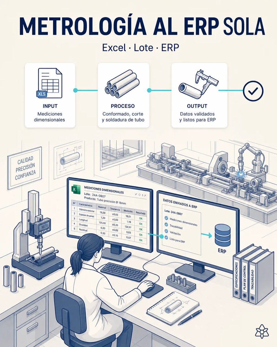 Ilustración de una técnica de metrología ante dos monitores, uno con el Excel de mediciones dimensionales de un lote de tubo de precisión y otro con los datos validados enviados al ERP, junto a un medidor de altura