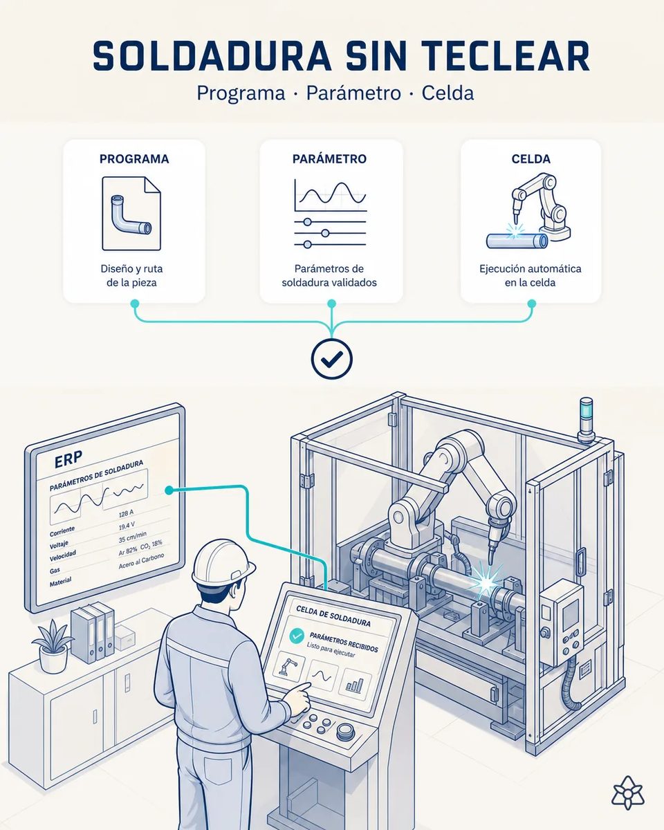 Ilustración de un operario ante el terminal de una celda de soldadura robotizada que muestra parámetros recibidos y listos para ejecutar, enlazado a una pantalla del ERP con corriente, voltaje, velocidad y gas