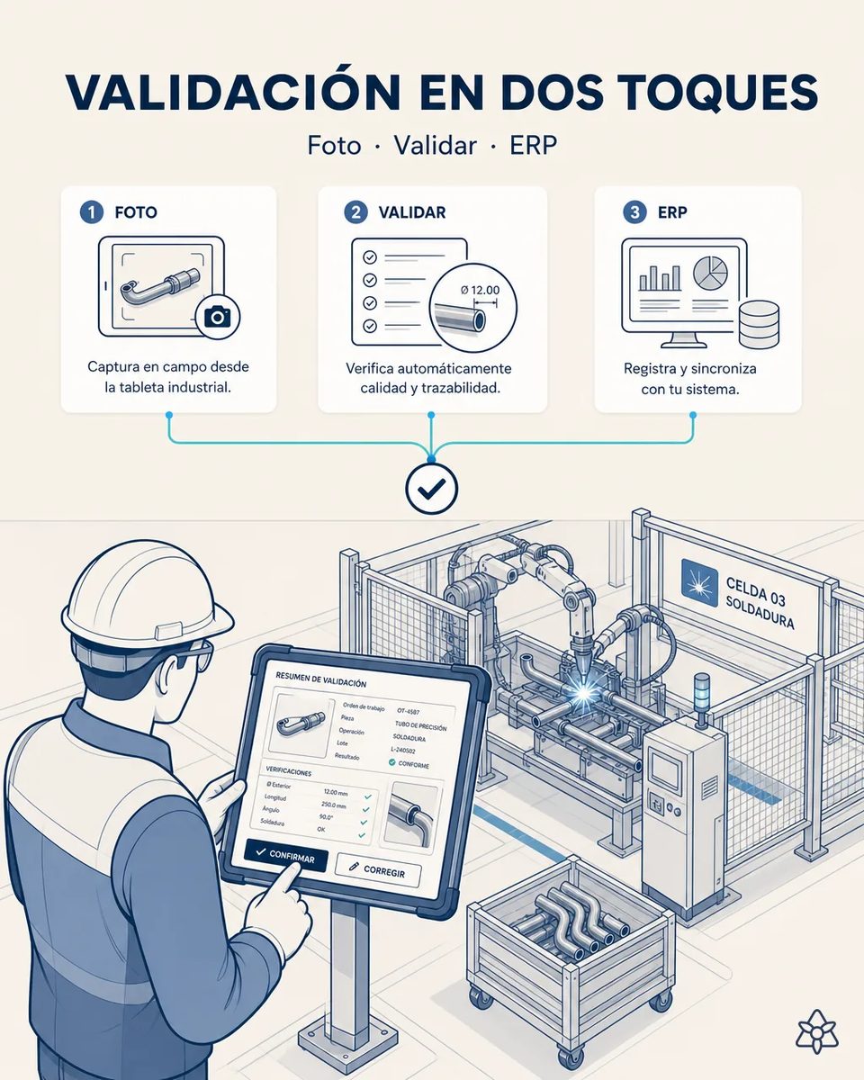 Ilustración de un operario con casco pulsando confirmar en una tableta industrial con el resumen de validación de un tubo de precisión, junto a la celda 03 de soldadura y un carro de tubos curvados
