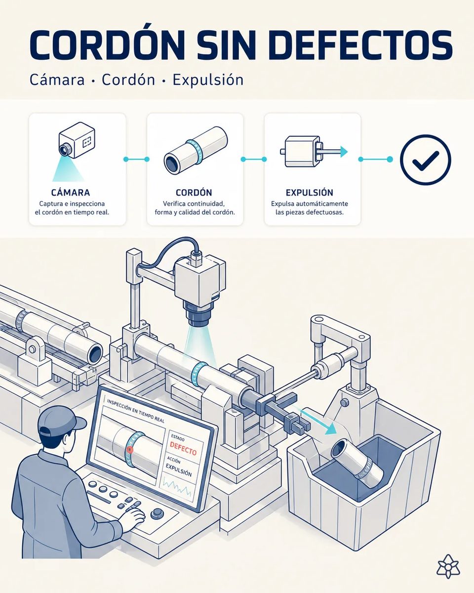 Ilustración de una cámara de visión inspeccionando el cordón de soldadura de un tubo en línea, con una pantalla que marca estado defecto y acción expulsión, y un expulsor que desvía el tubo a un contenedor