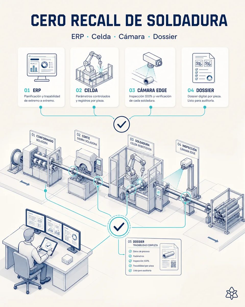 Ilustración de una línea de tubo con roladora, sierra voladora, celda de soldadura robotizada e inspección por cámara Edge, conectadas a un puesto de control y a un dossier de trazabilidad completa listo para auditoría