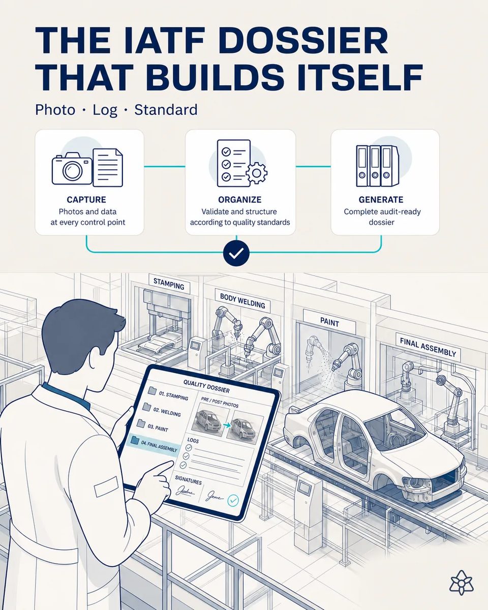 Quality engineer in a lab coat holding a tablet with a quality dossier filed into stamping, body shop, paint and final assembly folders, with before and after photos, logs and signatures, a car body on the line behind