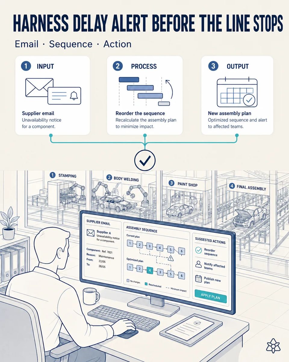 Planner at a desk reading a supplier email about a component delay next to the assembly sequence with one unit rescheduled and suggested actions, the stamping, body, paint and final assembly halls behind