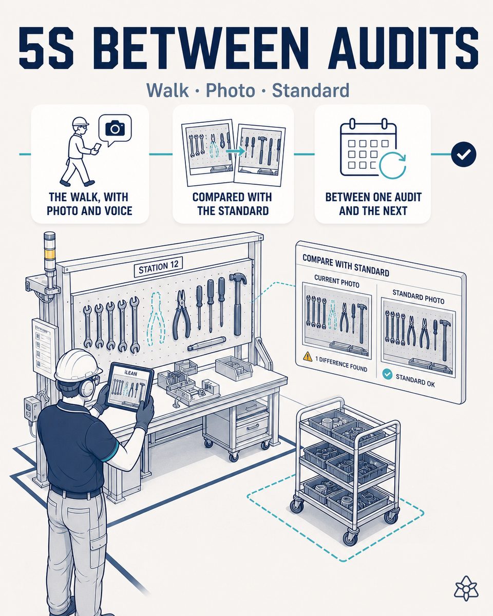 Automotive assembly line workstation with a tool shadow board and an iLEAN Connect tablet capturing the 5S walk — workstation standard verification with AI