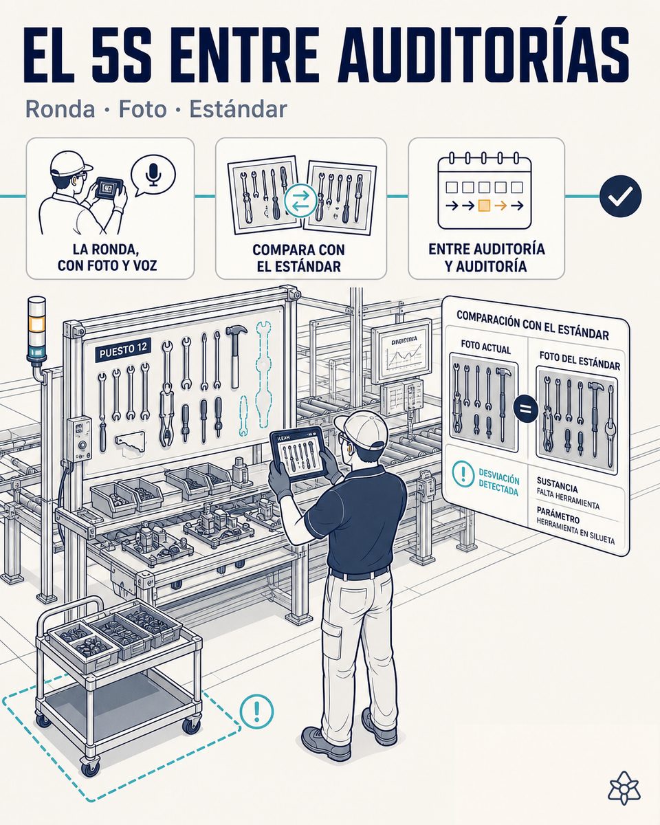 Puesto de línea de montaje de automoción con panel sombra de útiles y tablet iLEAN Connect capturando la ronda 5S — verificación del estándar del puesto con IA